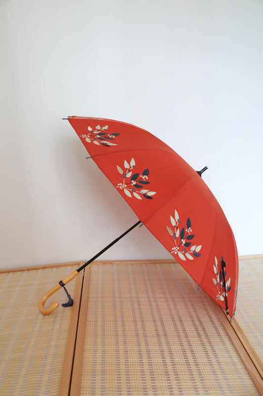 orange red 12 ribs uv coating anti-ultraviolet Telescopic pole wooden rattan handle Umbrella diameter 86cm紅色12骨可伸縮桿木藤勾柄86cm