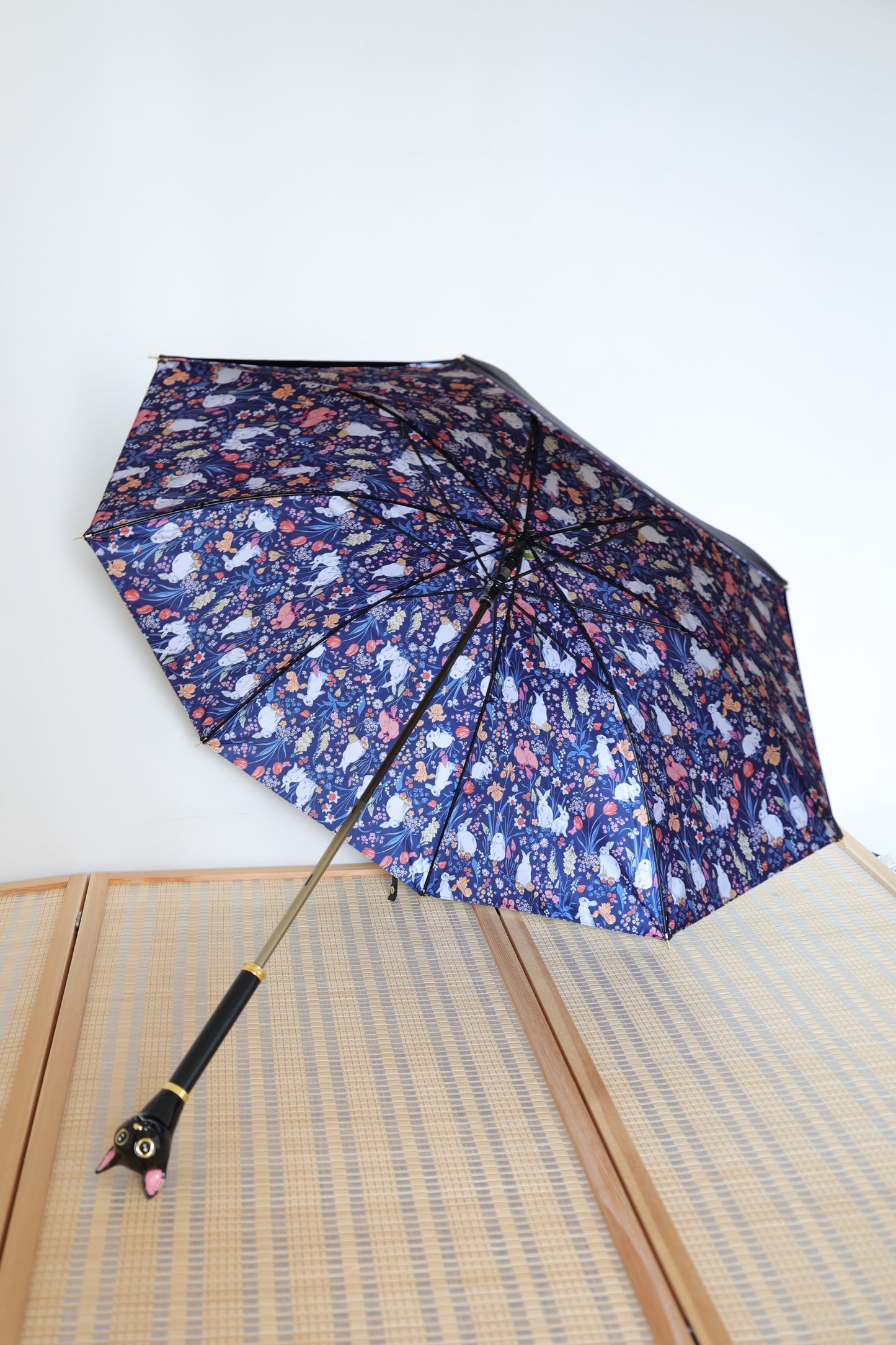 blue rabbit double layer cloth Vinyl sunscreen uv coating anti-ultraviolet Telescopic pole Animal cat head handle Umbrella diameter 84cm黑色雙層內布藍兔子黑膠可伸縮桿貓頭柄84cm
