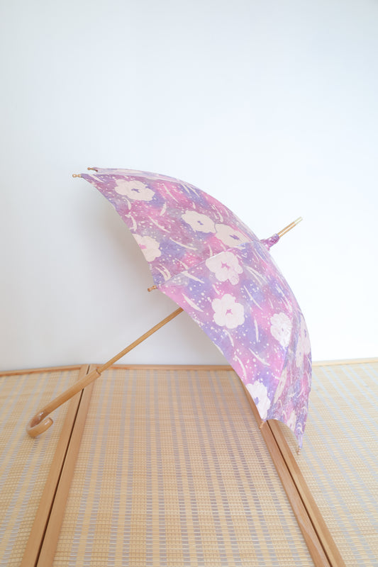 purple-red smudge flower cloud pattern (75% silk+25% cotton) uv coating anti-ultraviolet wooden stick wooden handle Umbrella diameter 85cm紫紅暈染花雲木中棒木勾柄85cm(75%絹+25%棉)